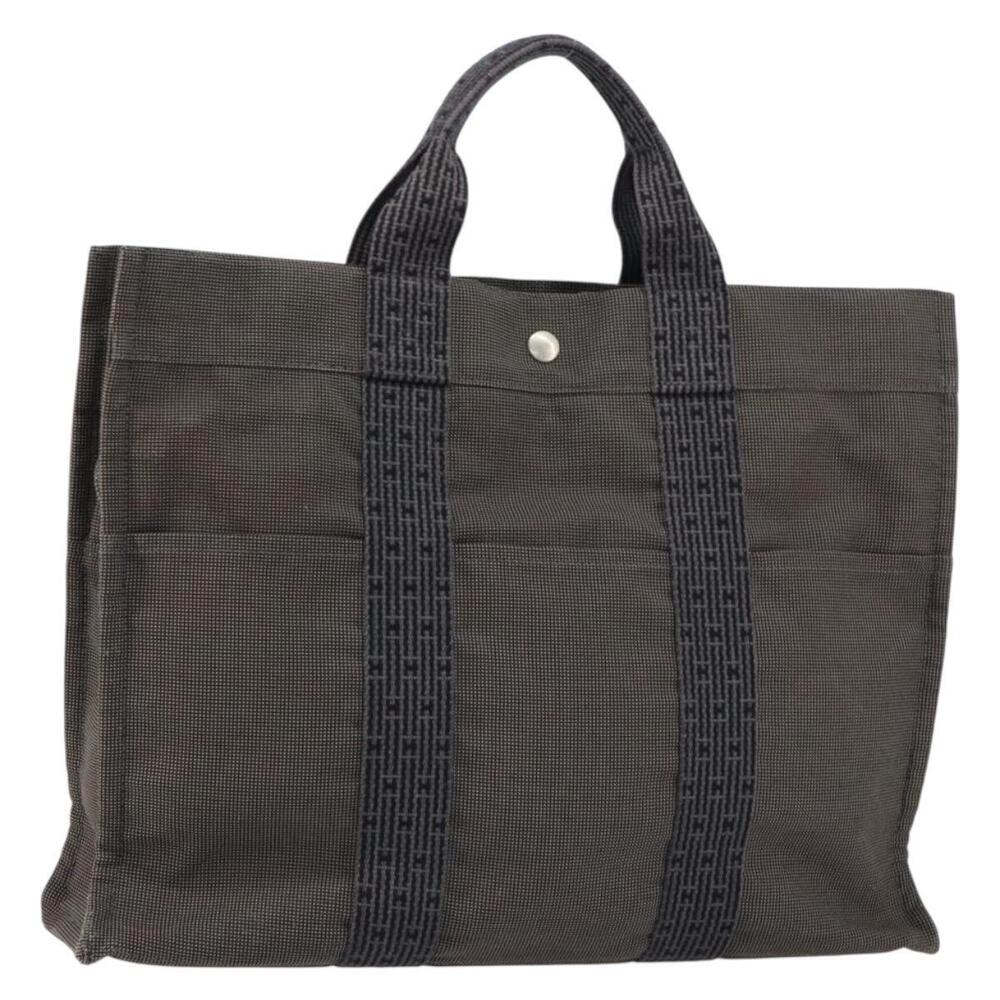 HERMES Her Line MM Hand Bag Canvas Gray Silver Auth th6523